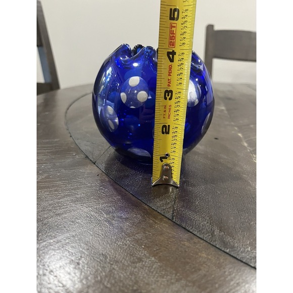 Cobalt Blue Cut to Clear Art Glass Rose‎ Bowl Vase Dots Ruffled Top 4" - Picture 8 of 9